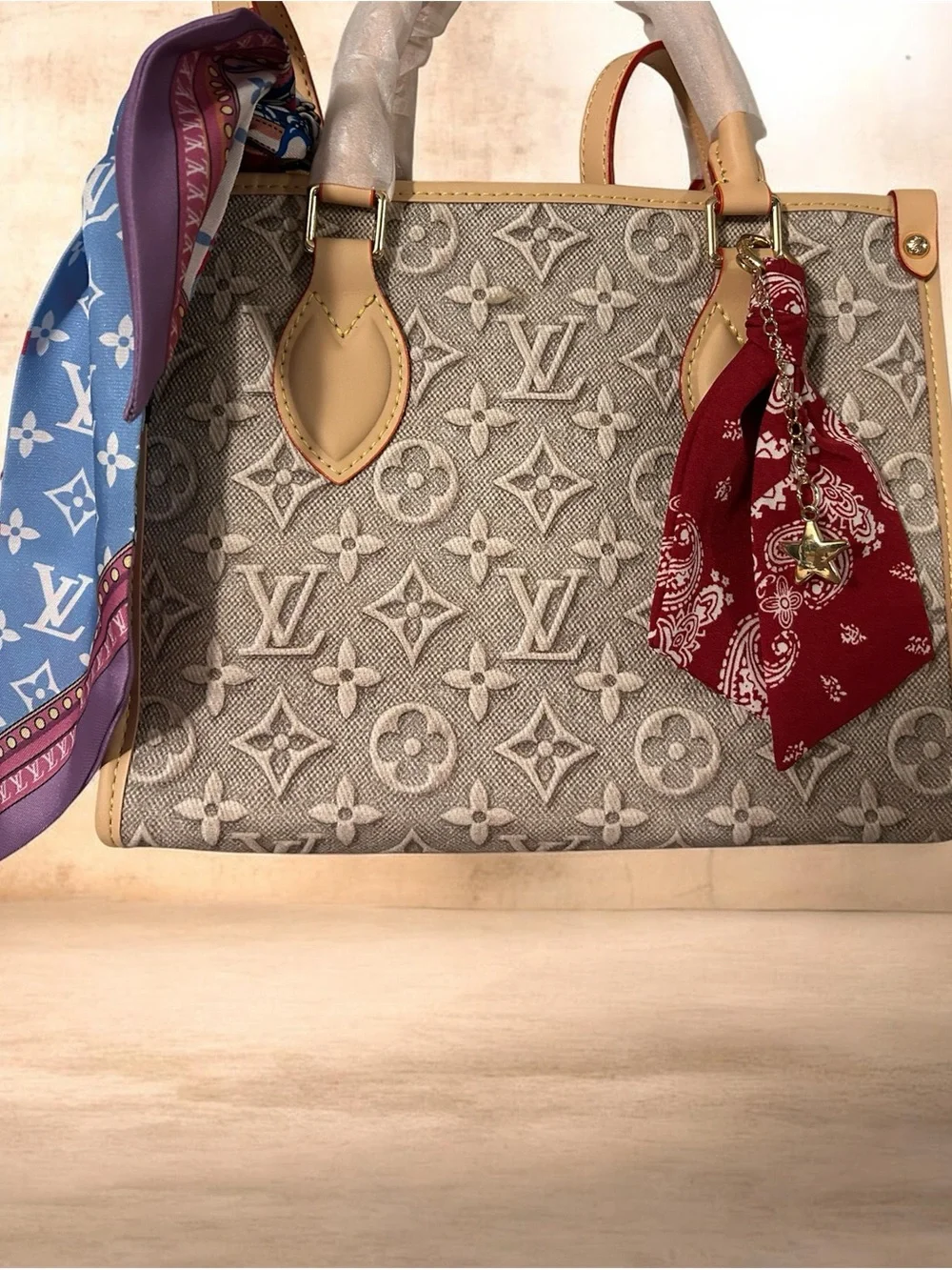 Inspired Beige Monogram Satchel with Multi color scarf, with matching wallet🌟